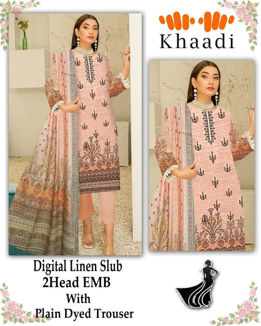 *Product Name*: 3 Pcs Women's Unstitched Linen Printed Embroidered suit