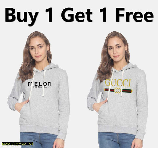 1 Pc Women's Stitched Fleece Printed Hoodie, Buy One Get One Free